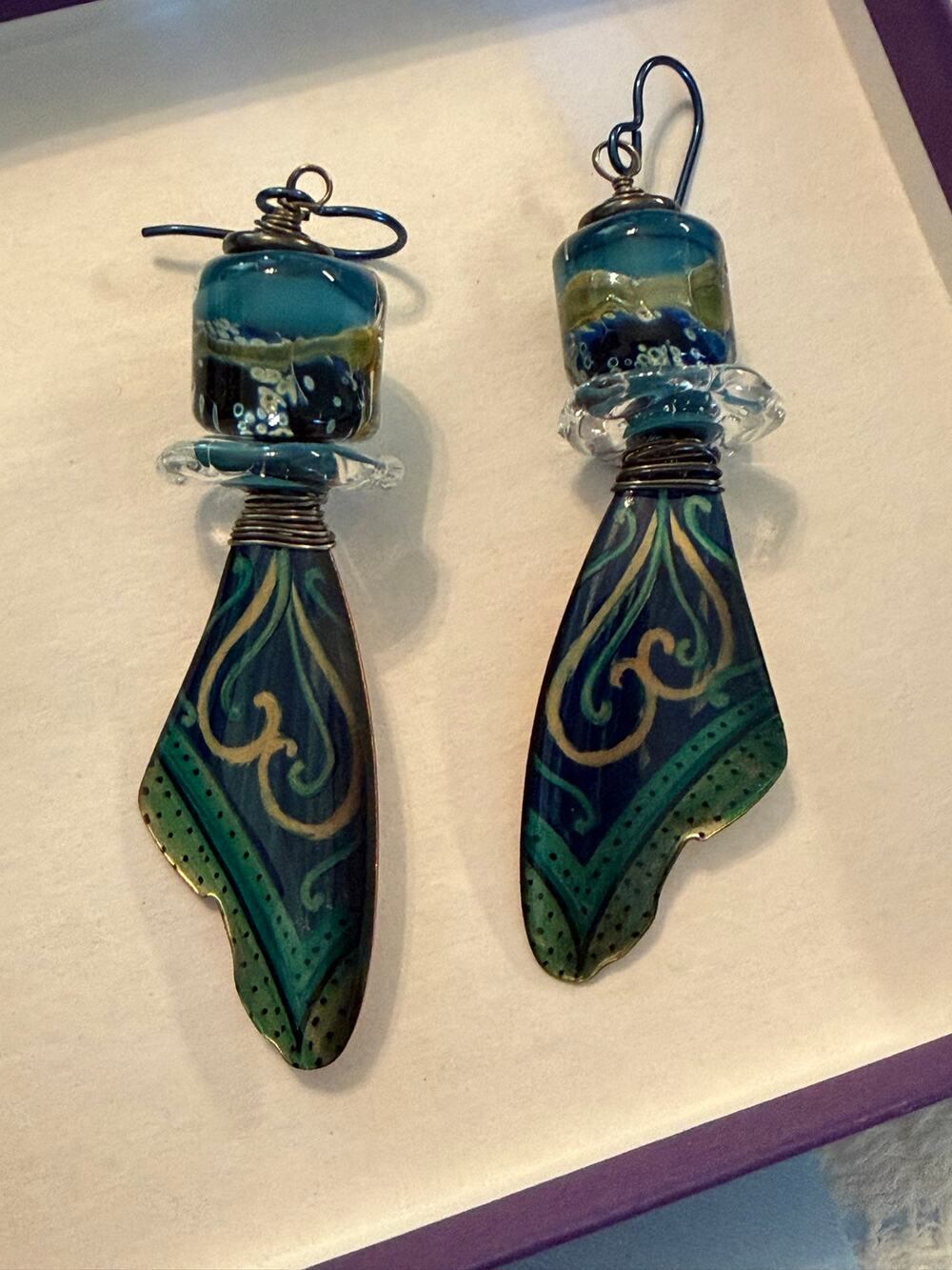 Artisan Mixed Media Dangle Earrings Handcrafted Lampwork Glass & Peacock Palette